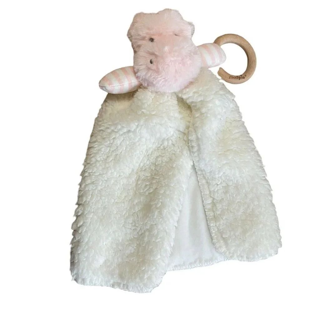Mud Pie Lovey Pink Hippo Sherpa Wood Ring Baby Comfort Toy Blanket Cozy Plush